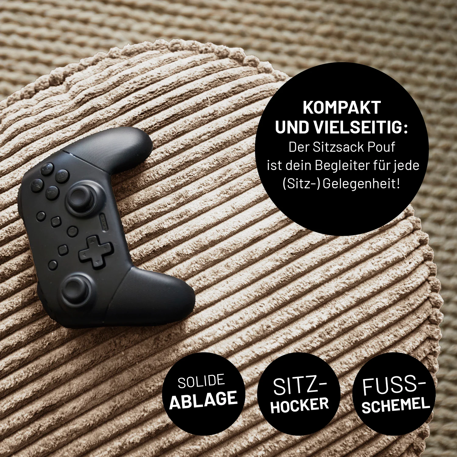 Relax-Set Cord – Sitzsack GIANT (400 L) + Pouf (50 L) - Beige - Image 8