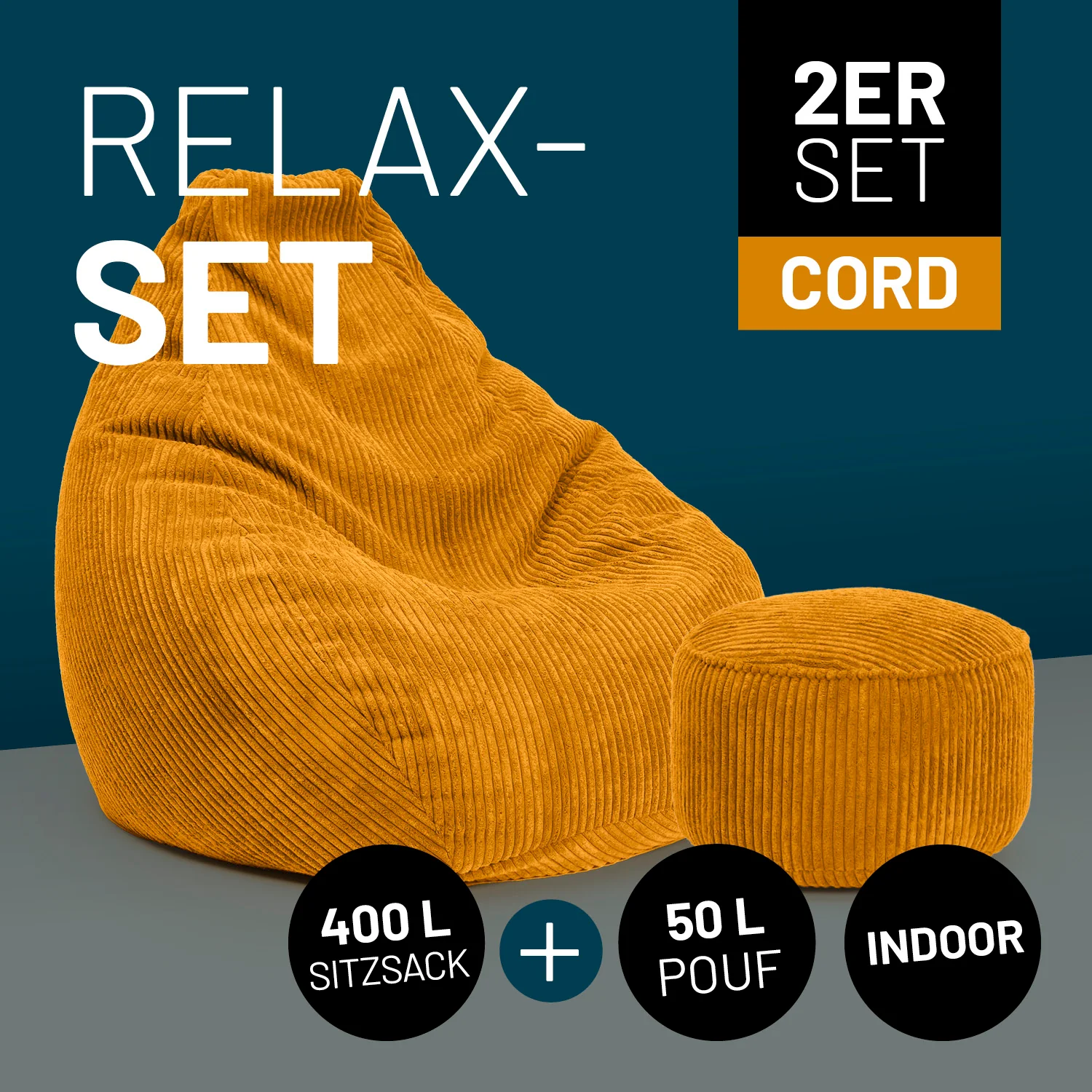 Relax-Set Cord – Sitzsack GIANT (400 L) + Pouf (50 L) - Senfgelb - Image 2