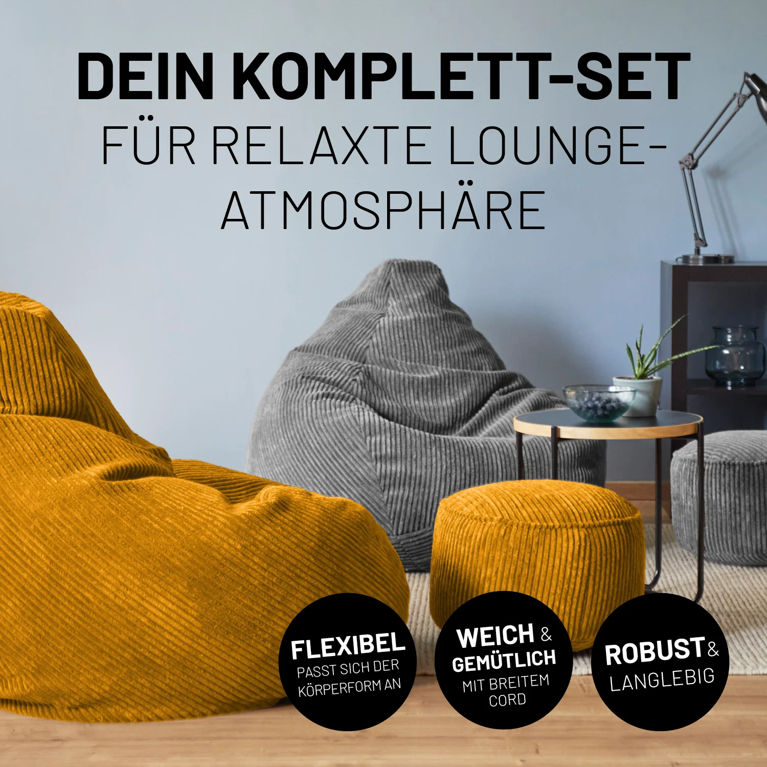 Relax-Set Cord – Sitzsack GIANT (400 L) + Pouf (50 L) - Senfgelb - Image 4