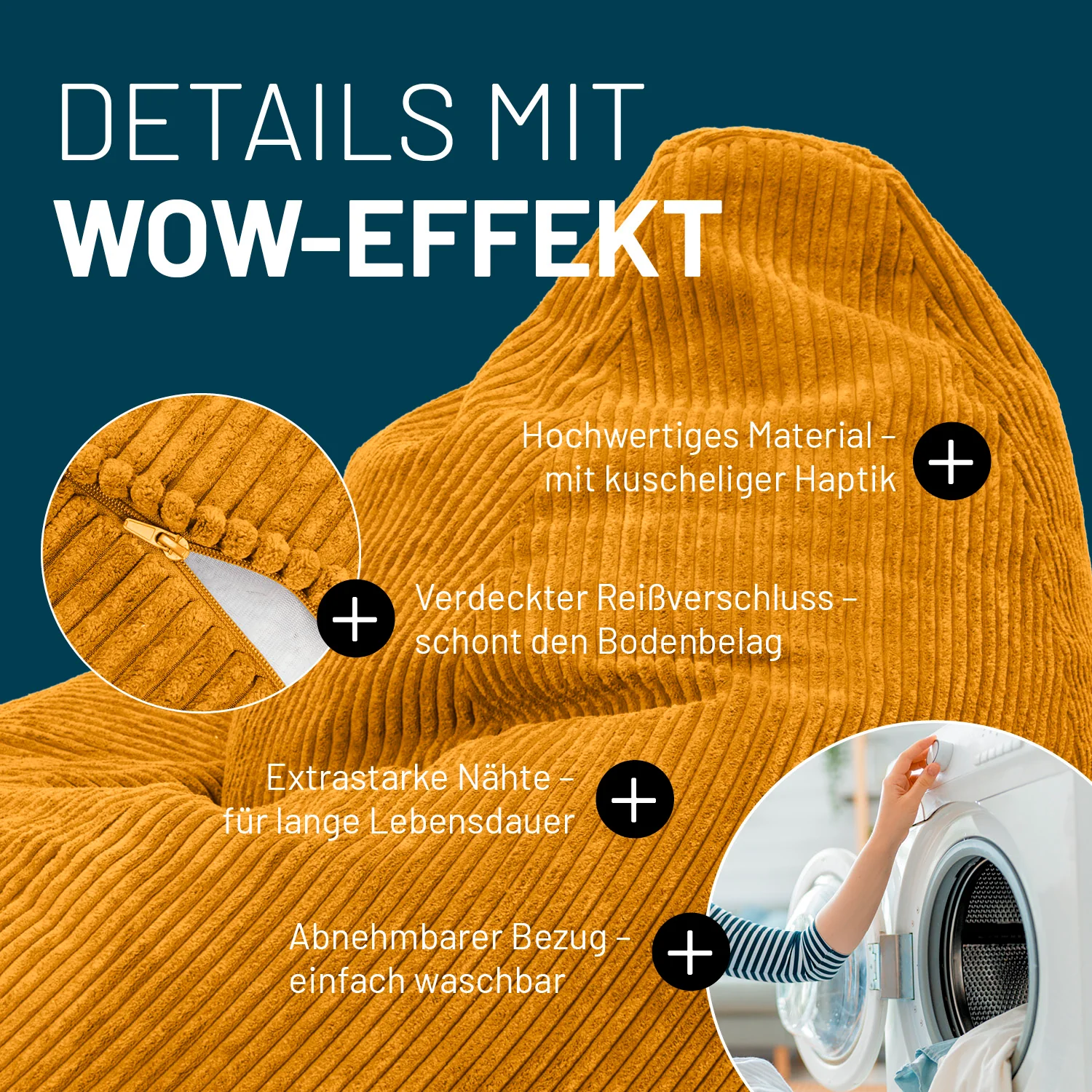 Relax-Set Cord – Sitzsack GIANT (400 L) + Pouf (50 L) - Senfgelb - Image 5