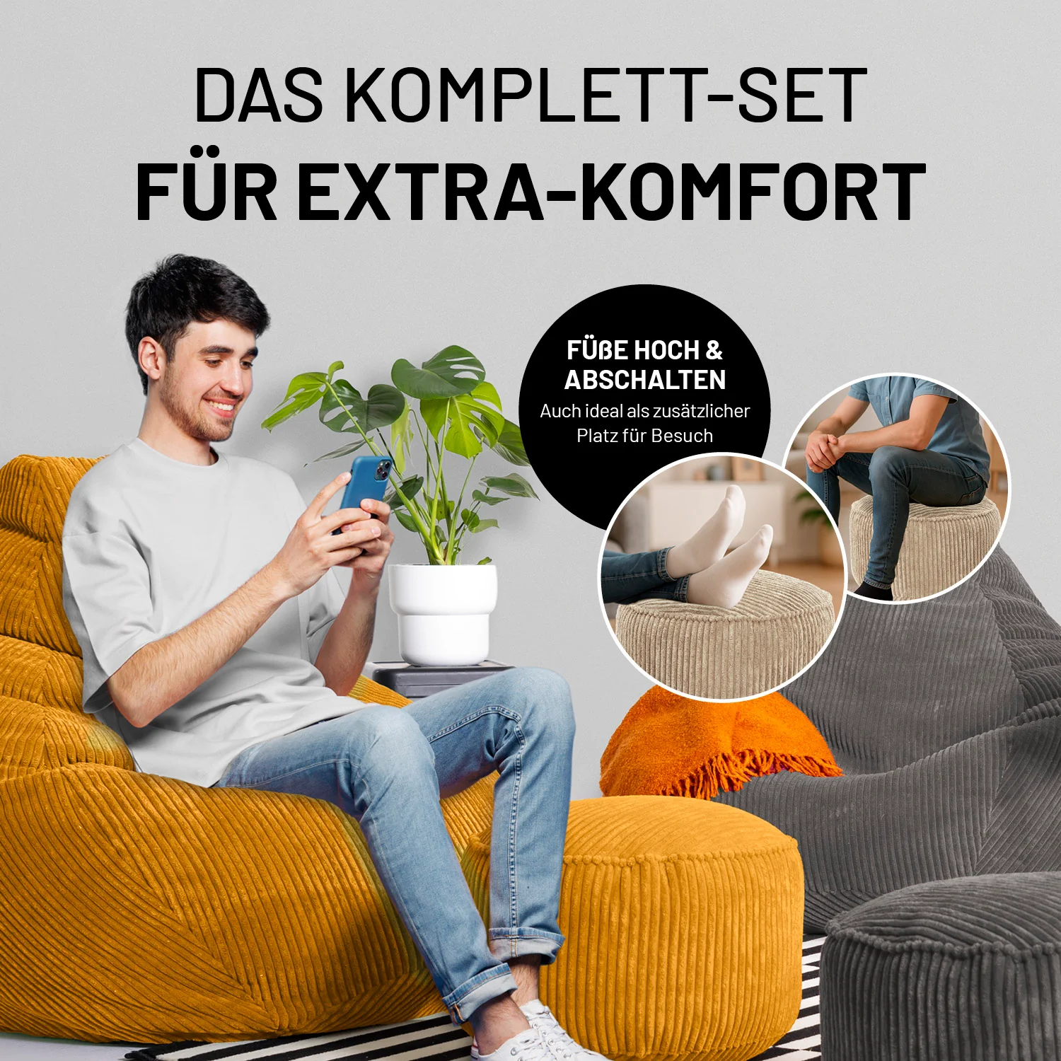 Relax-Set Cord – Sitzsack GIANT (400 L) + Pouf (50 L) - Senfgelb - Image 7