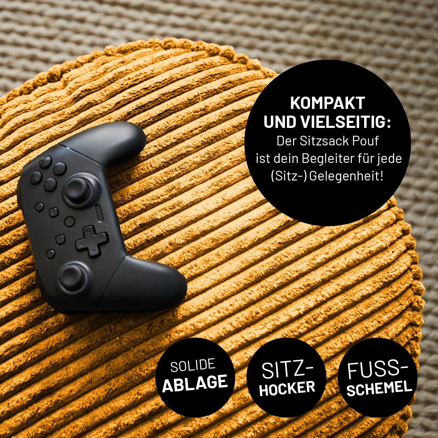 Relax-Set Cord – Sitzsack GIANT (400 L) + Pouf (50 L) - Senfgelb - Image 8