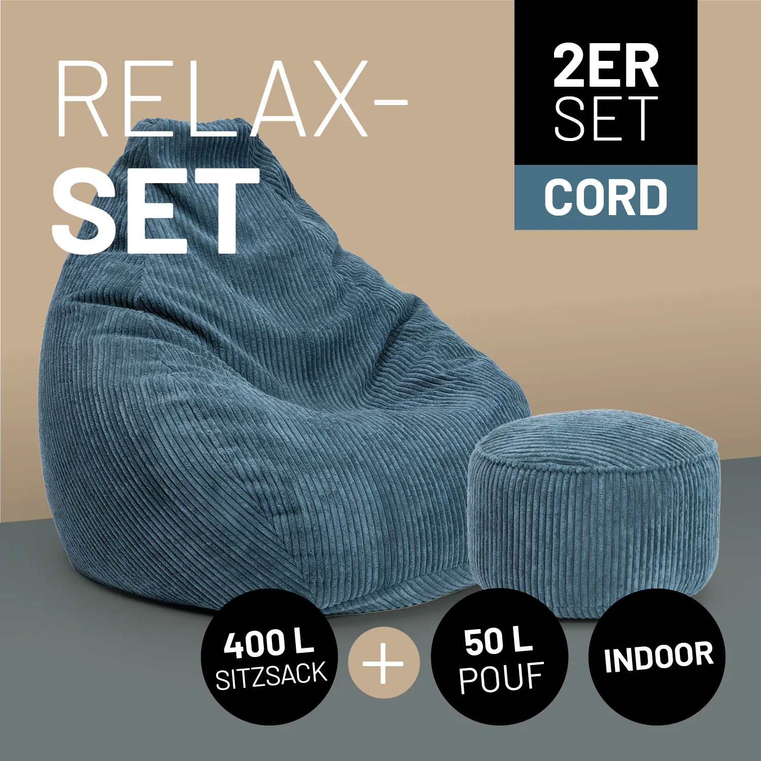 Relax-Set Cord – Sitzsack GIANT + Pouf – 400 + 50 Liter – Dunkelblau - Image 2