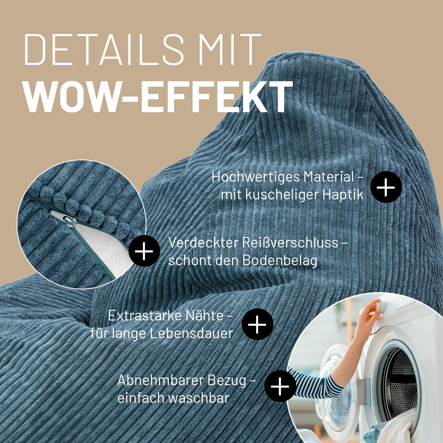 Relax-Set Cord – Sitzsack GIANT + Pouf – 400 + 50 Liter – Dunkelblau - Image 5