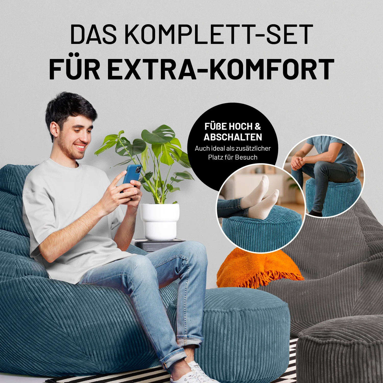 Relax-Set Cord – Sitzsack GIANT + Pouf – 400 + 50 Liter – Dunkelblau - Image 7
