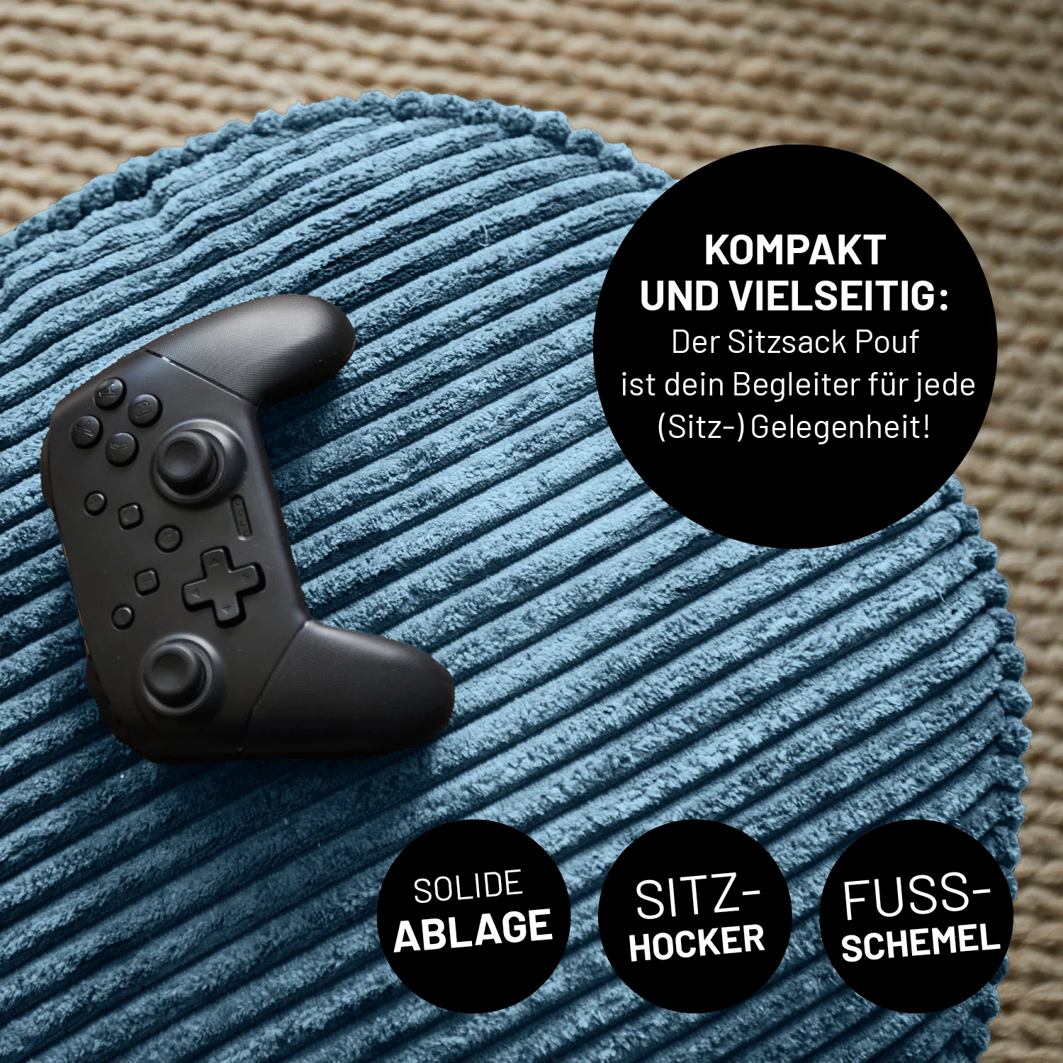 Relax-Set Cord – Sitzsack GIANT + Pouf – 400 + 50 Liter – Dunkelblau - Image 8