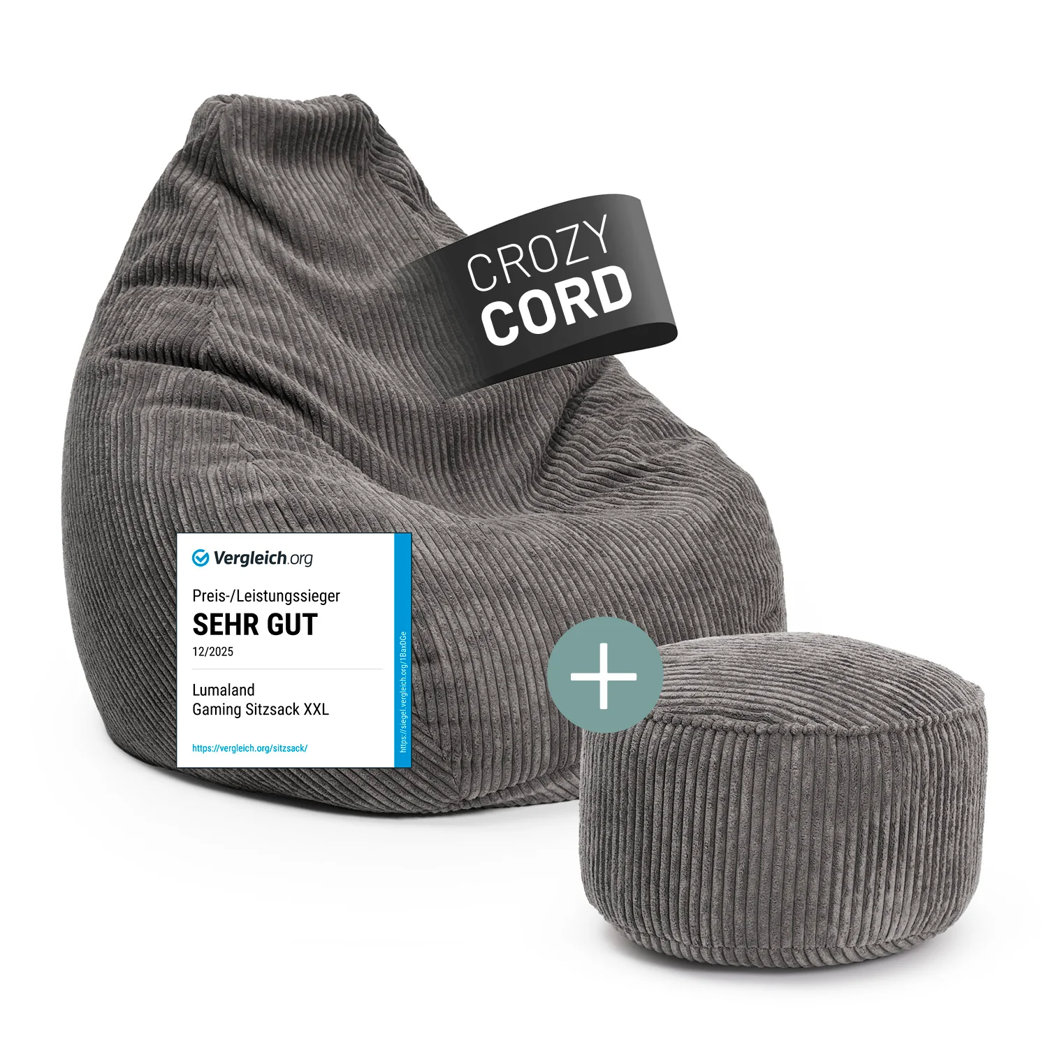 Relax-Set Cord – Sitzsack GIANT + Pouf – 400 + 50 Liter – Grau