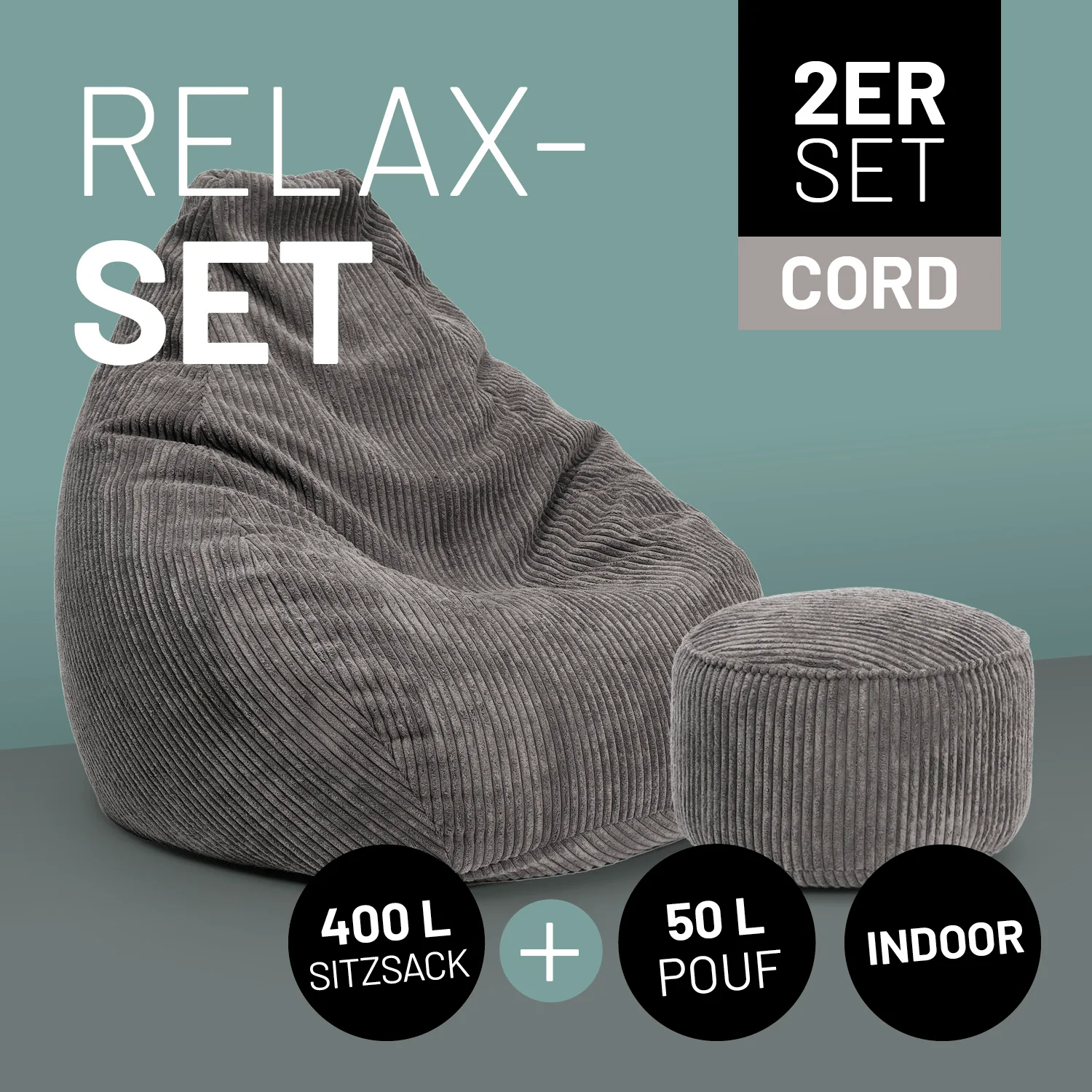 Relax-Set Cord – Sitzsack GIANT + Pouf – 400 + 50 Liter – Grau - Image 2