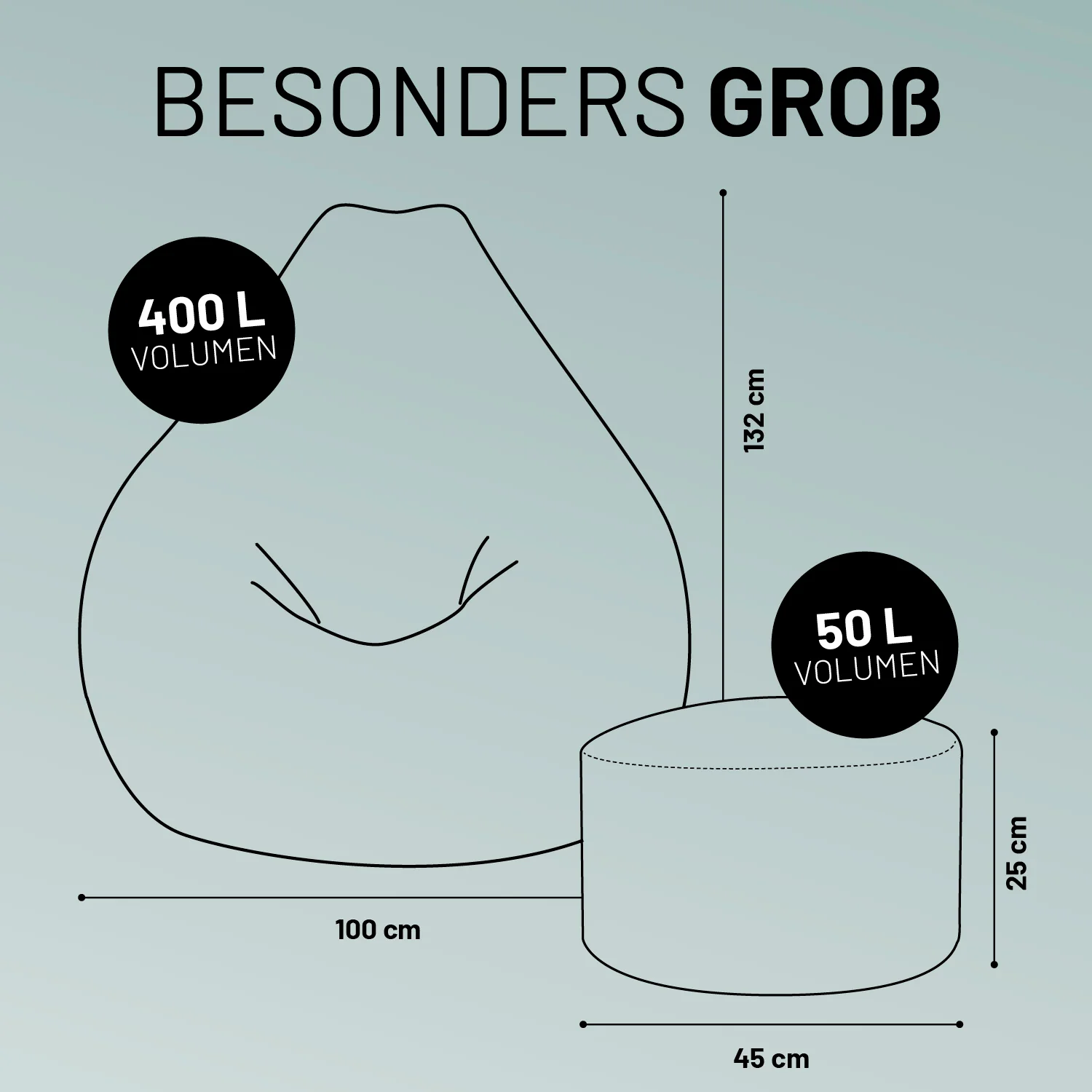 Relax-Set Cord – Sitzsack GIANT + Pouf – 400 + 50 Liter – Grau - Image 3