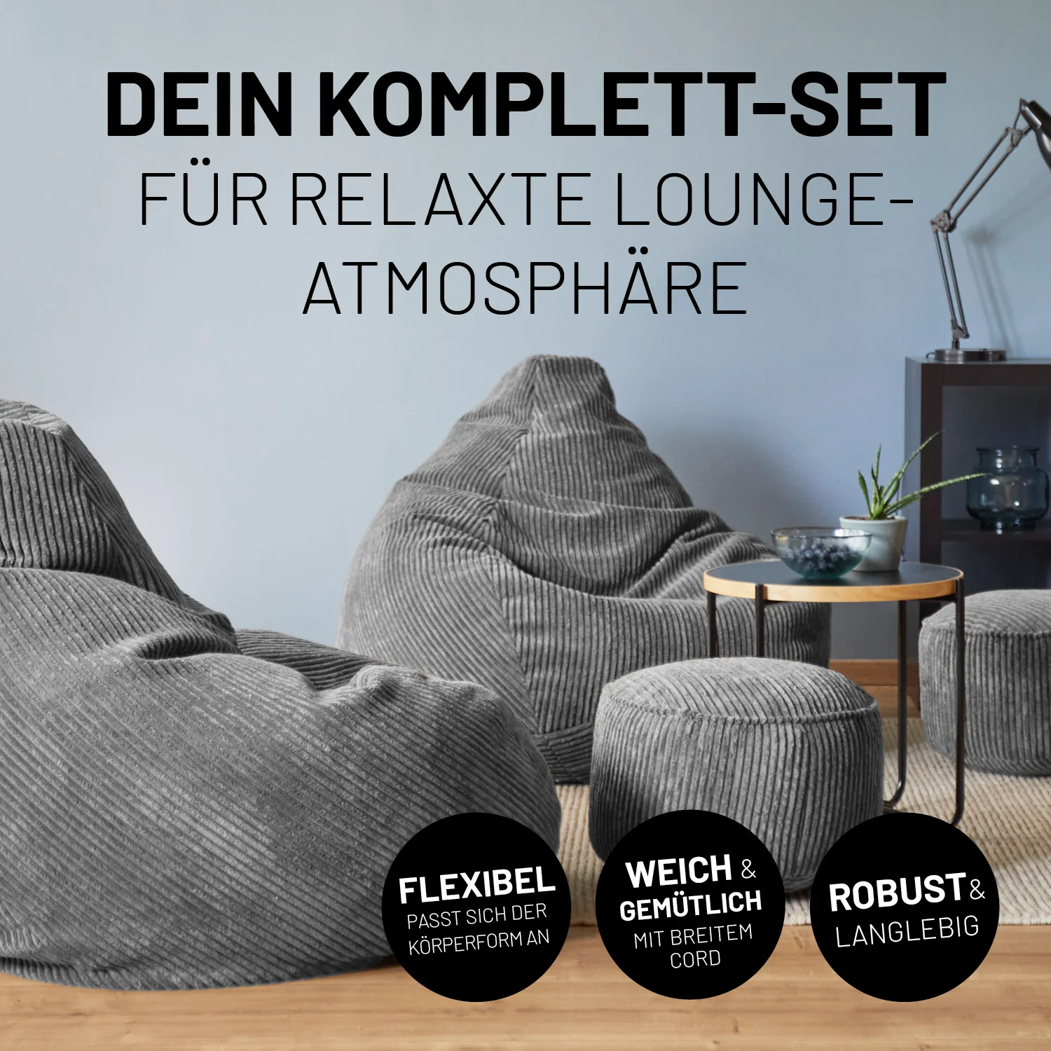Relax-Set Cord – Sitzsack GIANT + Pouf – 400 + 50 Liter – Grau - Image 4