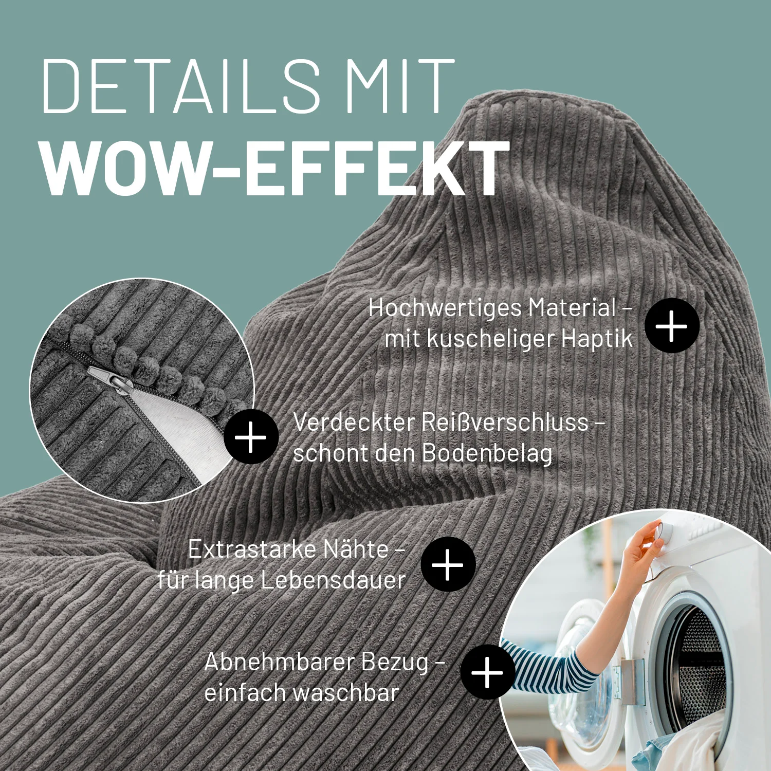Relax-Set Cord – Sitzsack GIANT + Pouf – 400 + 50 Liter – Grau - Image 5