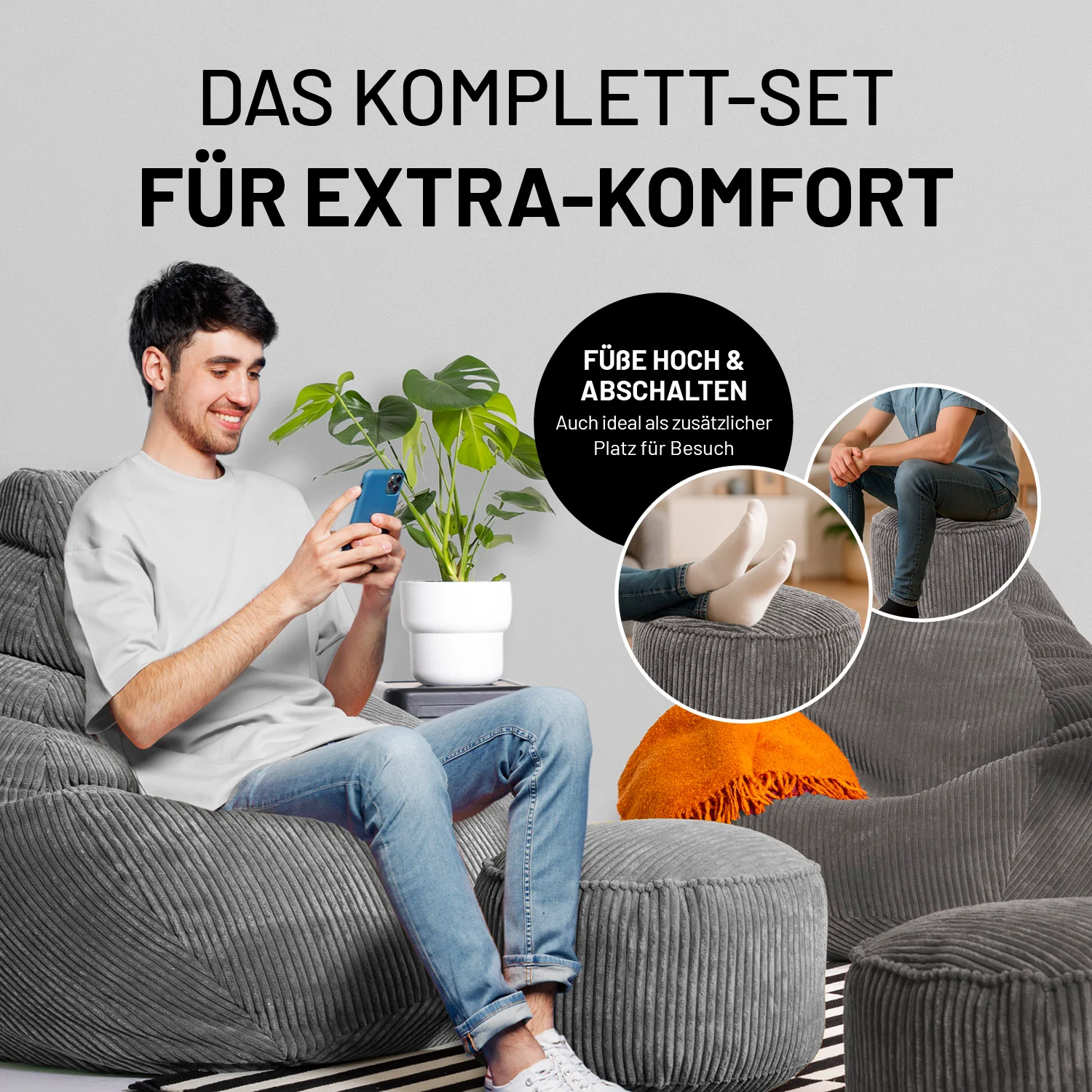 Relax-Set Cord – Sitzsack GIANT + Pouf – 400 + 50 Liter – Grau - Image 7