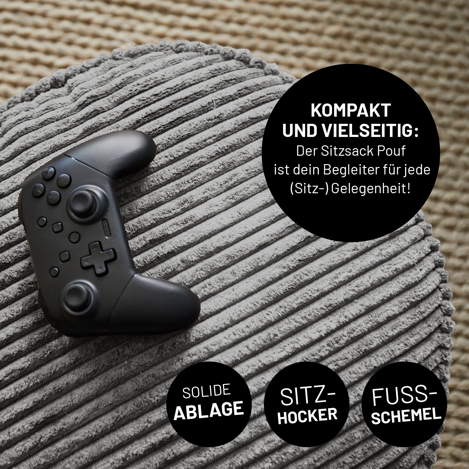 Relax-Set Cord – Sitzsack GIANT + Pouf – 400 + 50 Liter – Grau - Image 8