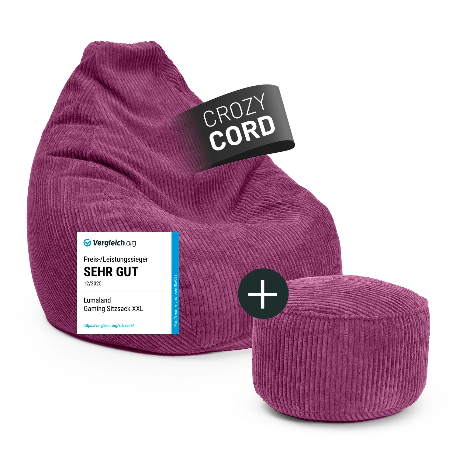 Relax-Set Cord – Sitzsack GIANT + Pouf – 400 + 50 Liter – Weinrot