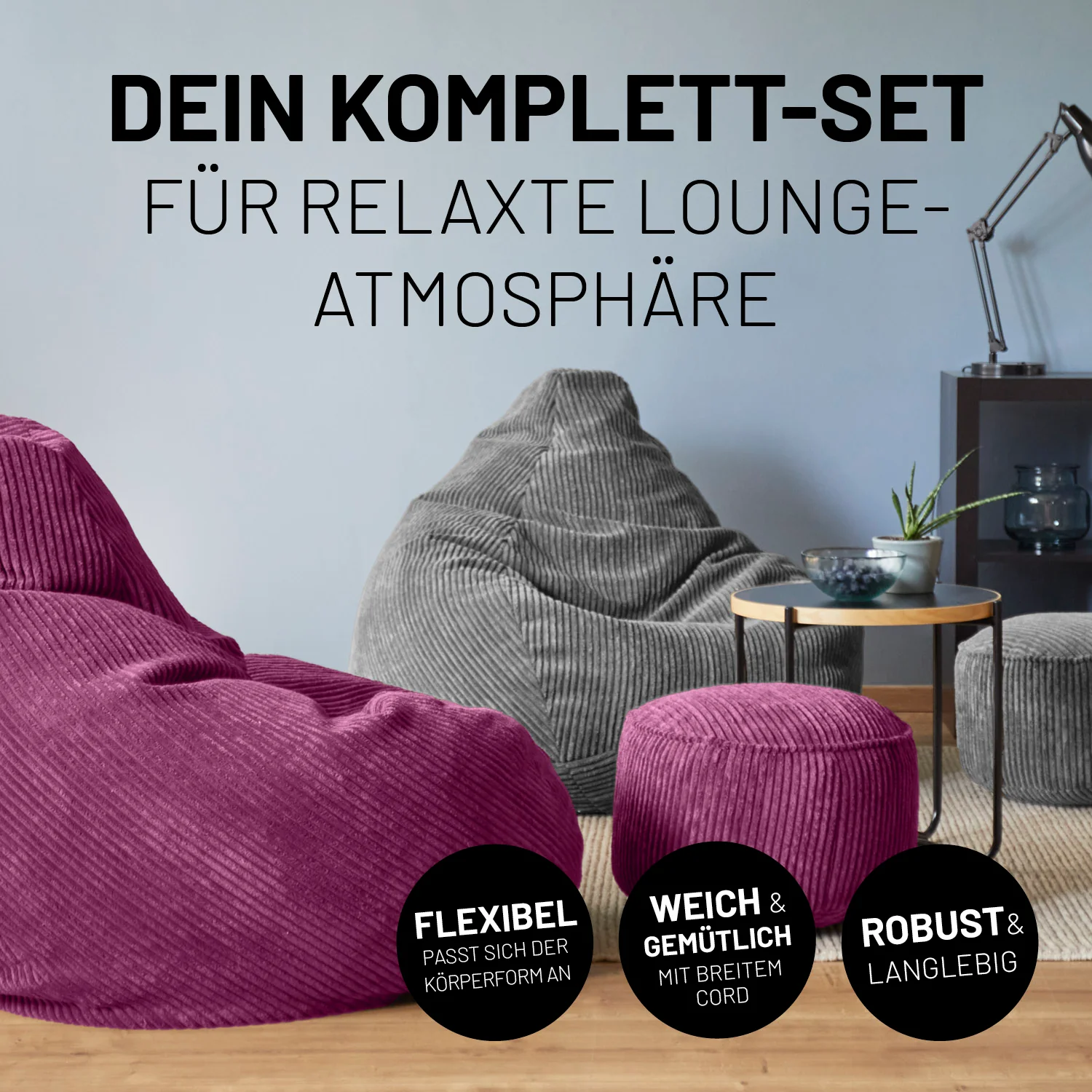 Relax-Set Cord – Sitzsack GIANT + Pouf – 400 + 50 Liter – Weinrot - Image 4