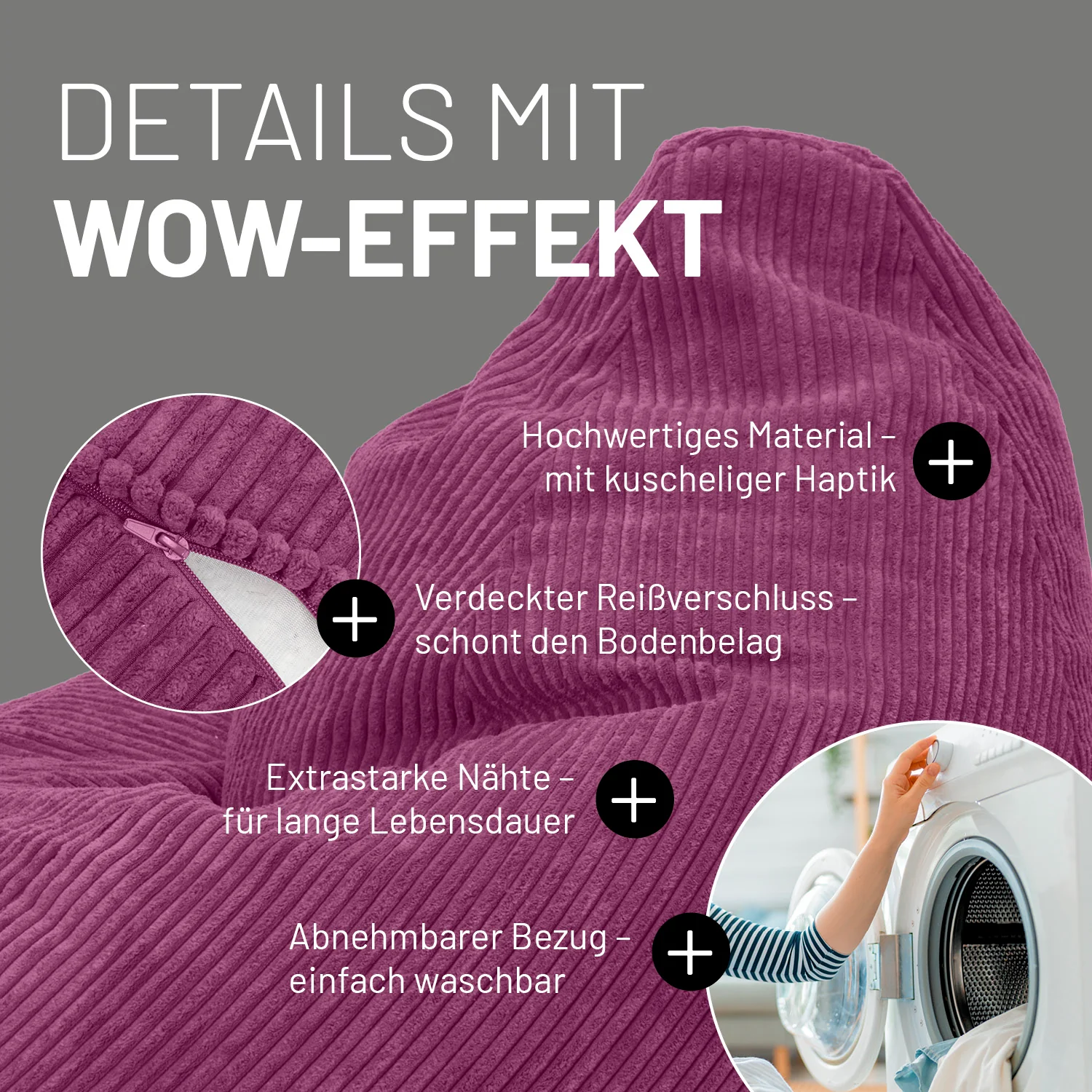 Relax-Set Cord – Sitzsack GIANT + Pouf – 400 + 50 Liter – Weinrot - Image 5