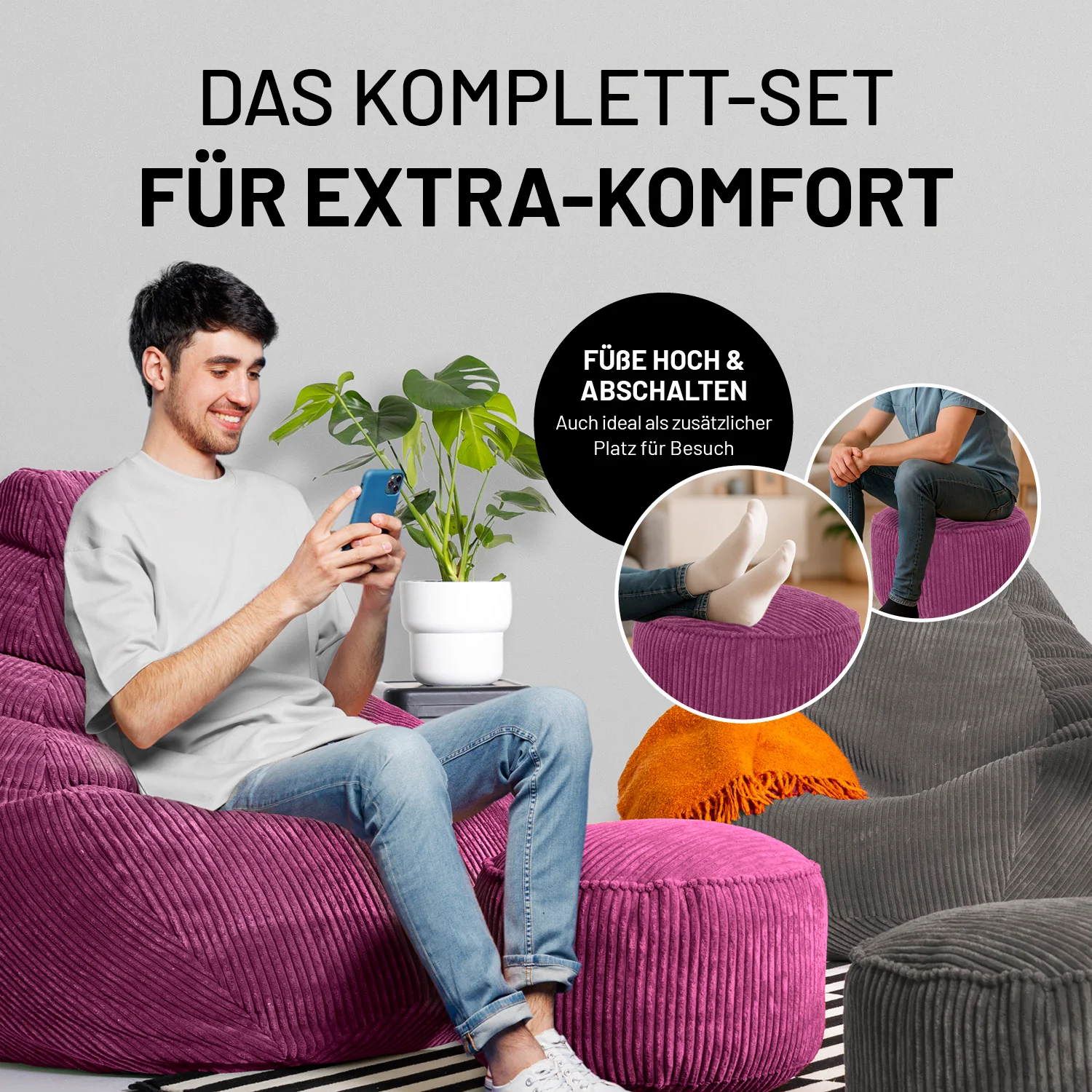 Relax-Set Cord – Sitzsack GIANT + Pouf – 400 + 50 Liter – Weinrot - Image 7