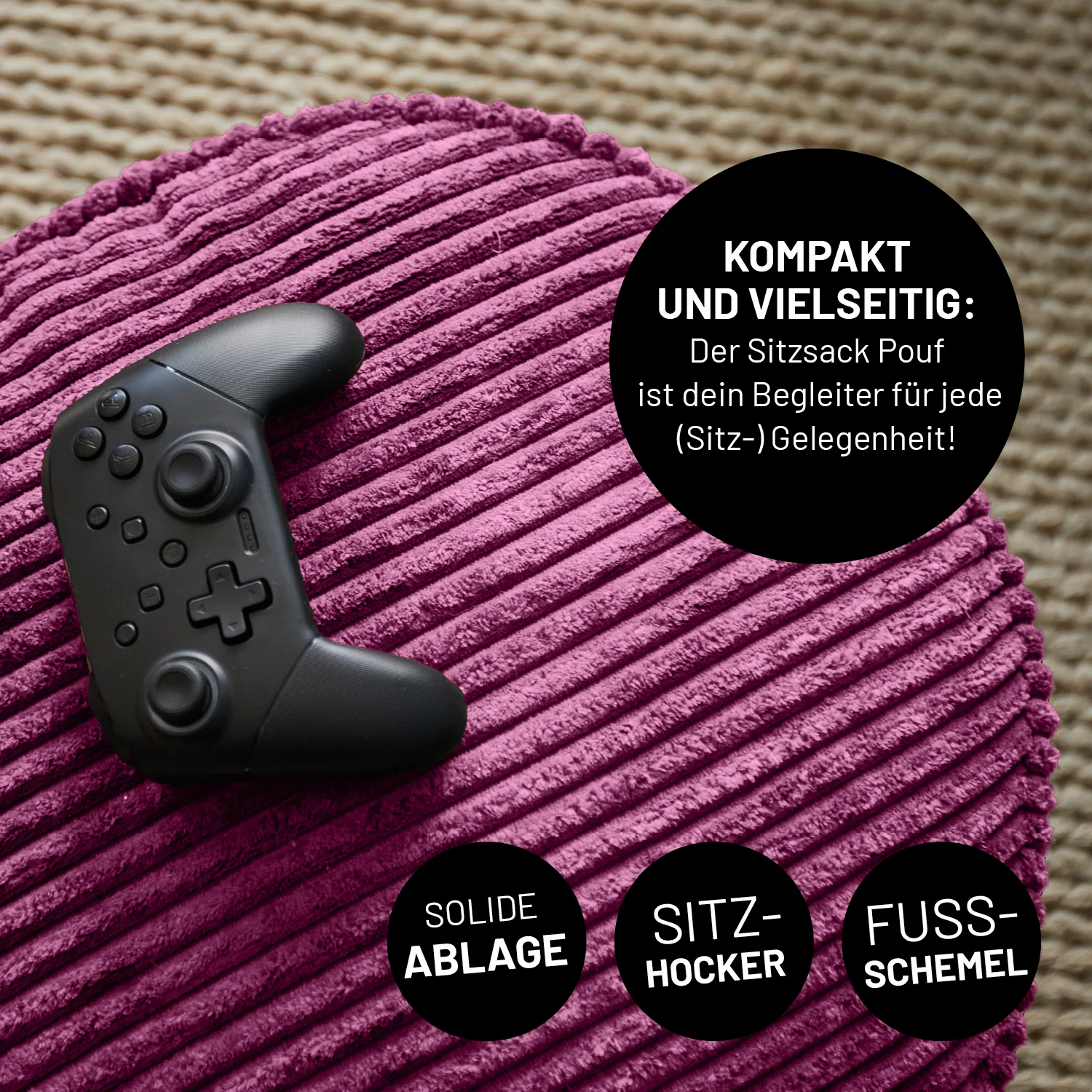Relax-Set Cord – Sitzsack GIANT + Pouf – 400 + 50 Liter – Weinrot - Image 8