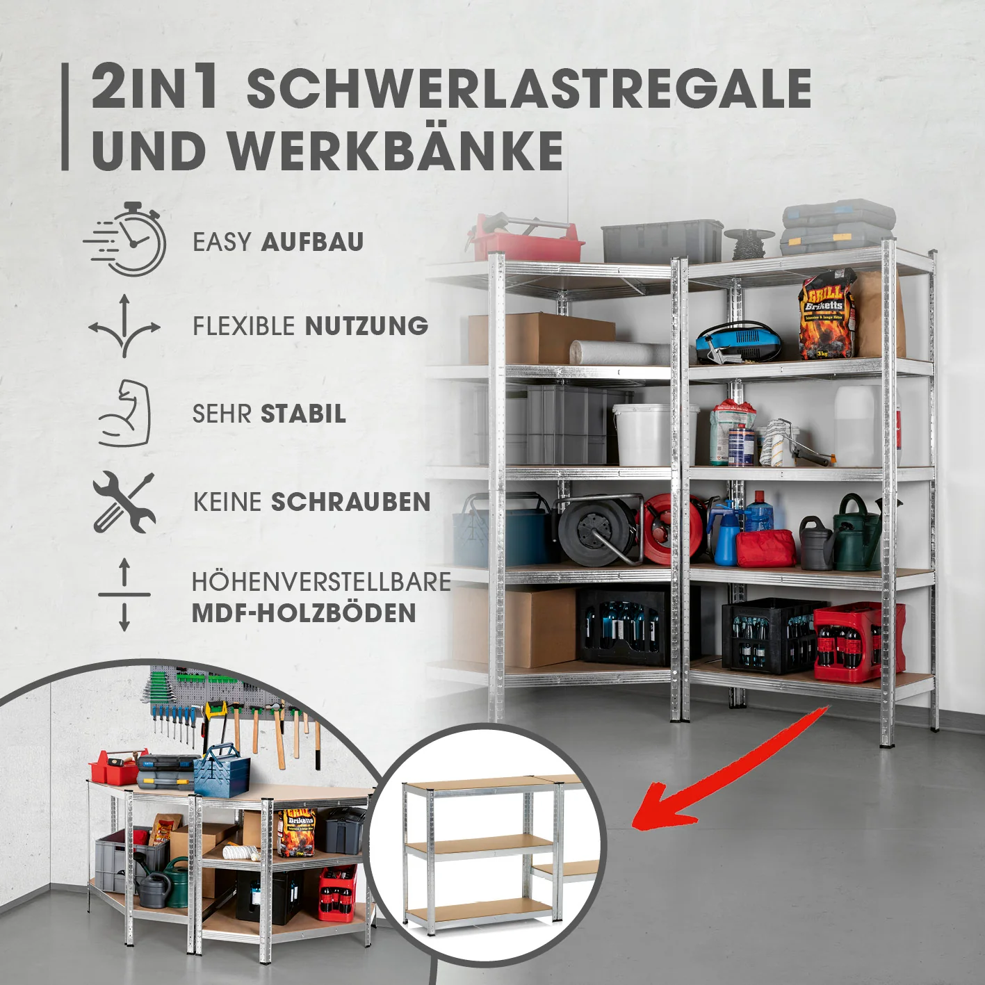Schwerlastregal & Werkbank - 3er-Set - 2625 kg Traglast, 175 kg pro Ebene & 15 Ebenen - Image 2