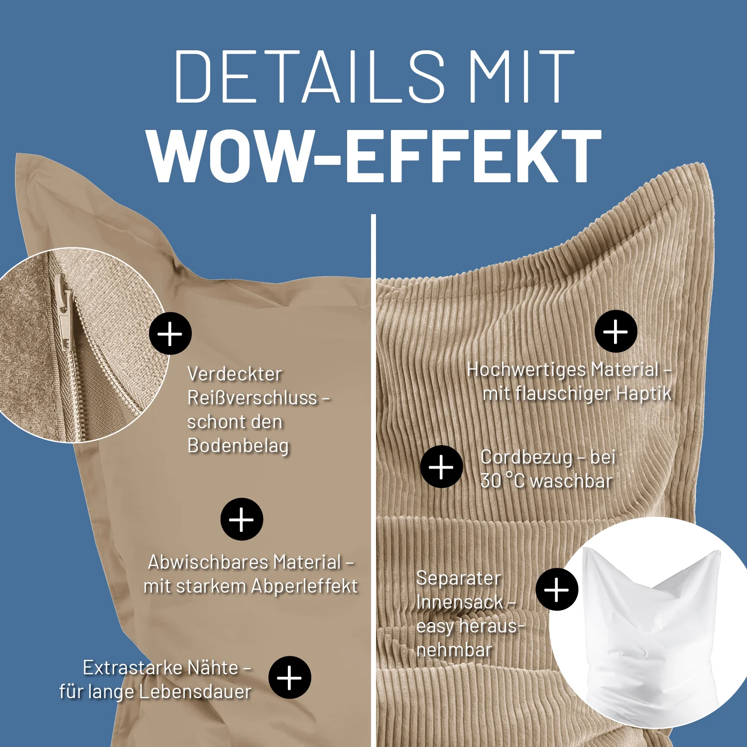 Sitzsack Classic XXL All-in-One Set - 380 L - 140 x 180 cm - Beige - Image 7