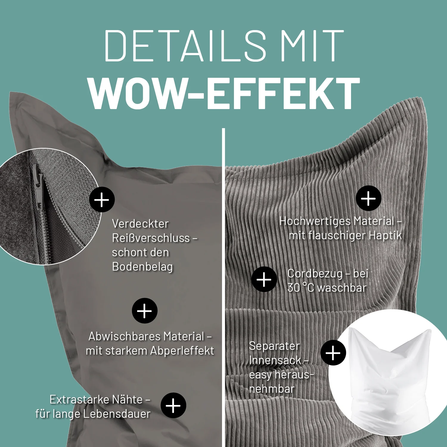 Sitzsack Classic XXL All-in-One Set - 380 L - 140 x 180 cm - Grau - Image 7