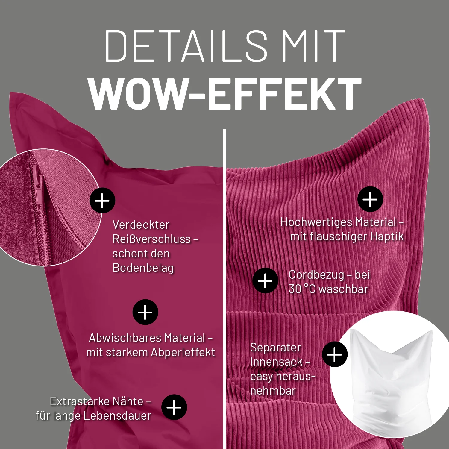 Sitzsack Classic XXL All-in-One Set - 380 L - 140 x 180 cm - Weinrot - Image 7