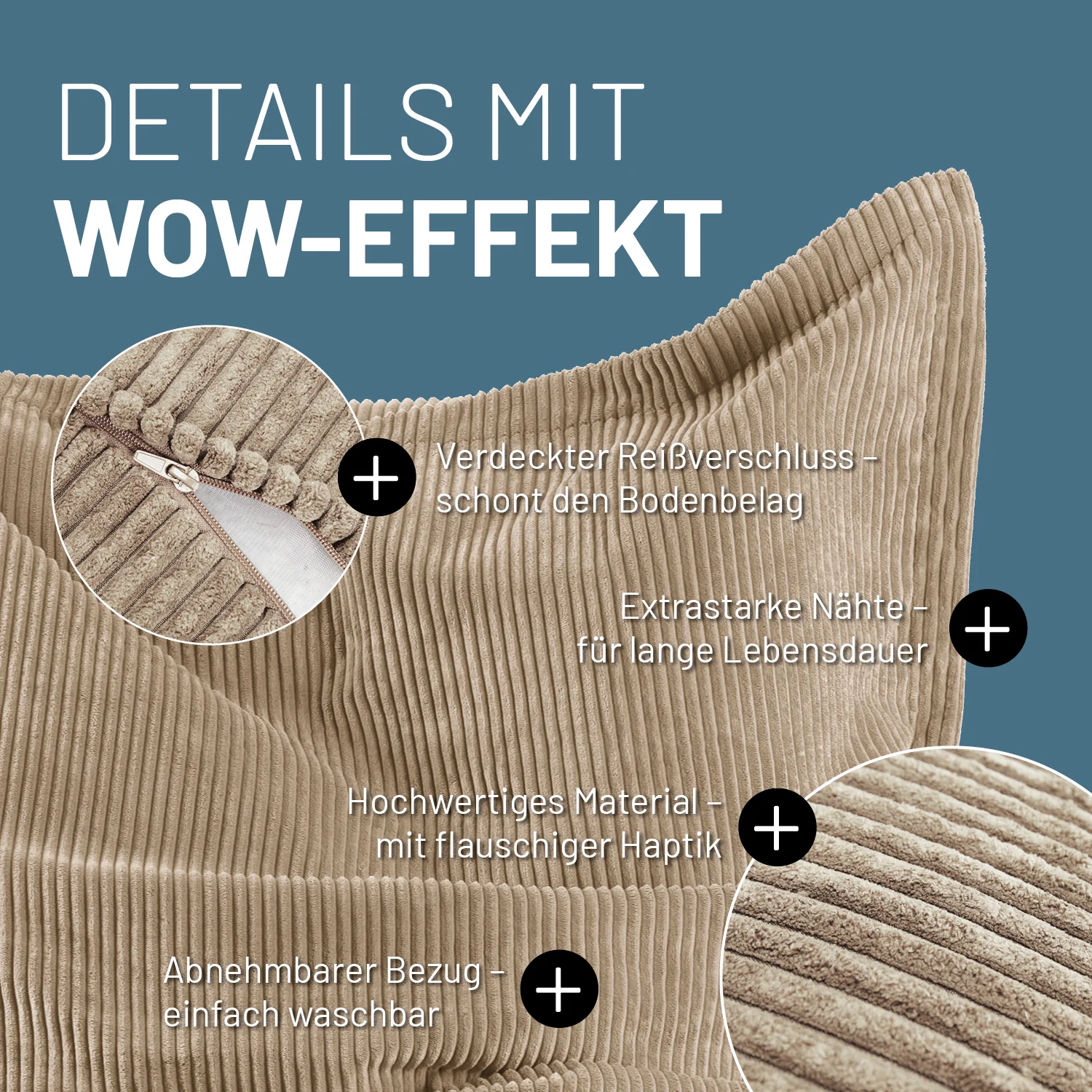 Sitzsack Classic XXL aus der LUMALAND Cord-Reihe - 380 L - 140 x 180 cm - Beige - Image 4
