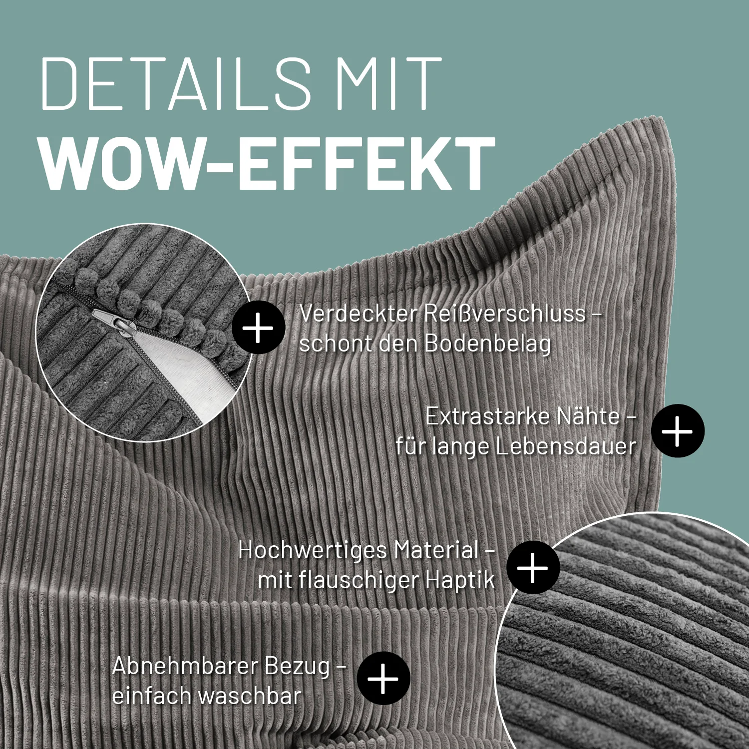 Sitzsack Classic XXL aus der LUMALAND Cord-Reihe - 380 L - 140 x 180 cm - Grau - Image 4