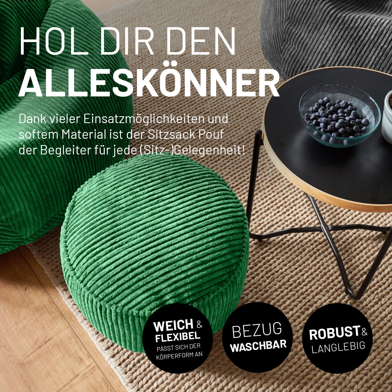 Sitzsack Pouf aus der Cord-Reihe - Dunkelgrün - Image 3