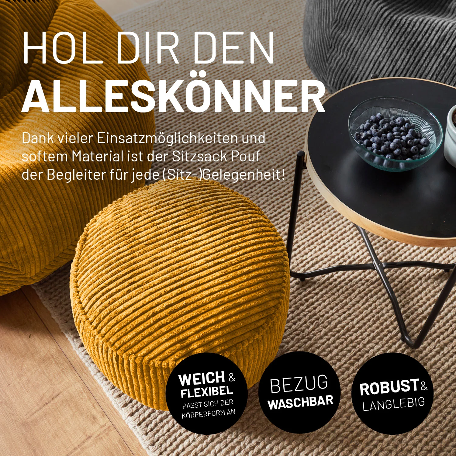 Sitzsack Pouf aus der Cord-Reihe - Senfgelb - Image 3