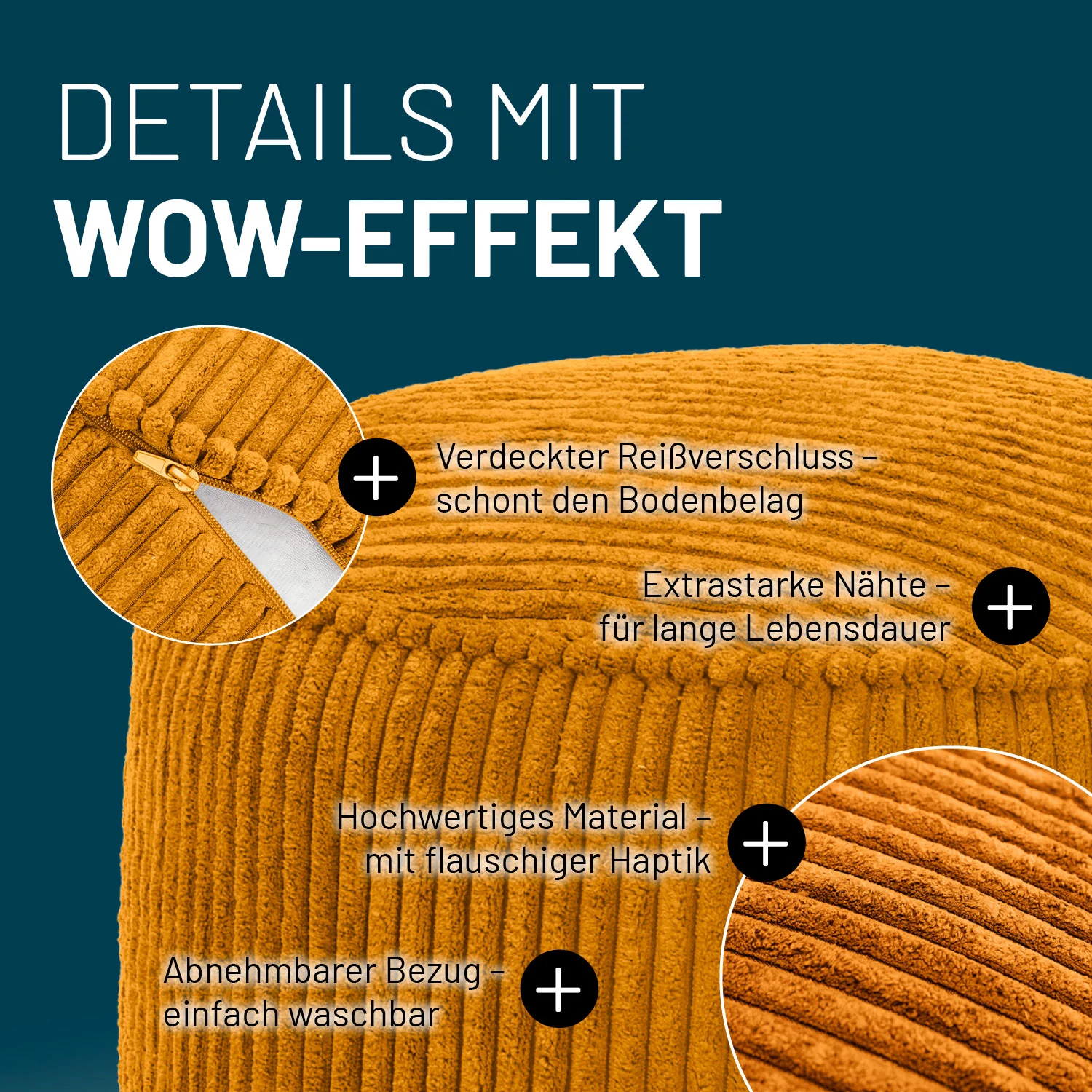 Sitzsack Pouf aus der Cord-Reihe - Senfgelb - Image 4