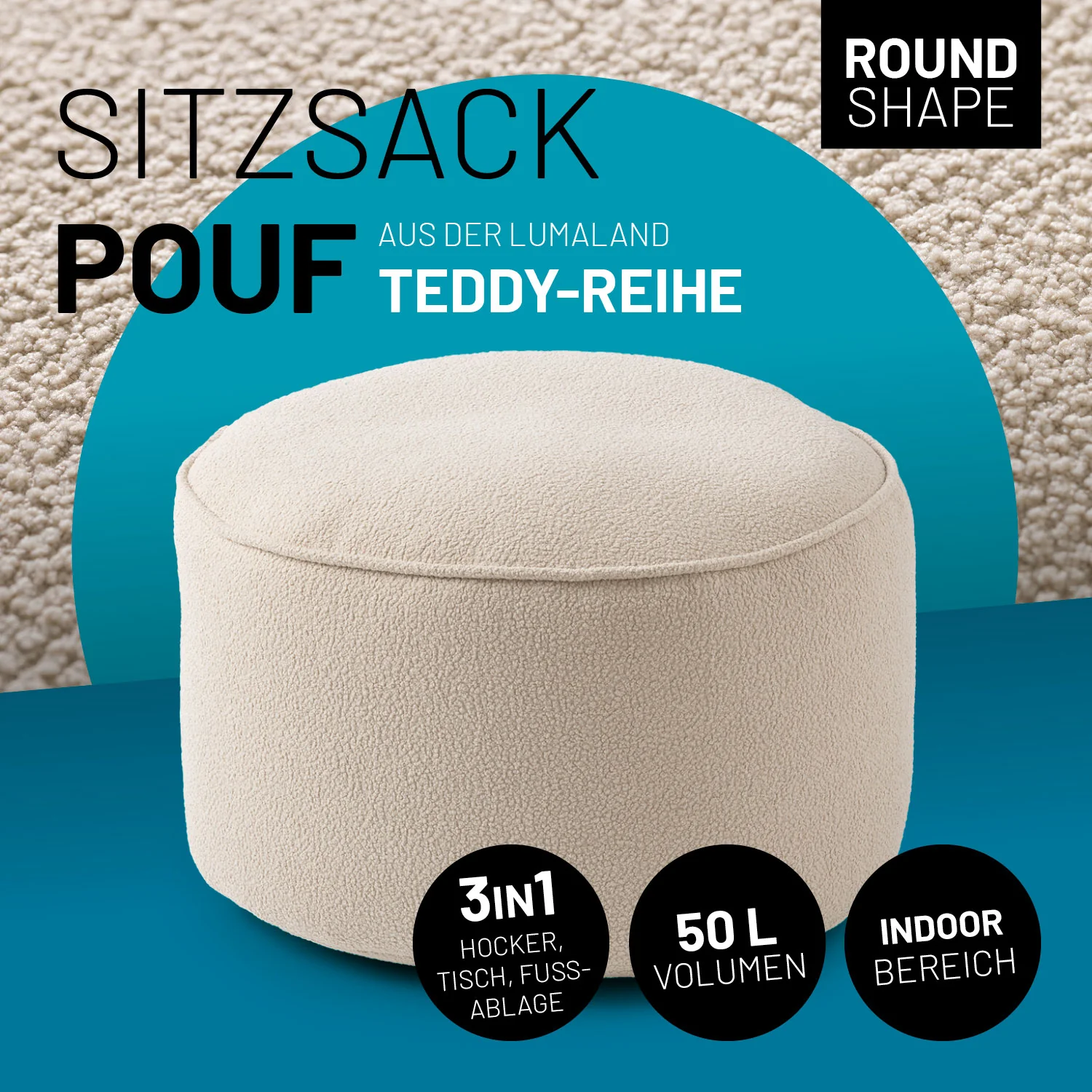 Sitzsack Pouf aus der LUMALAND Teddy-Reihe - Beige - Image 2