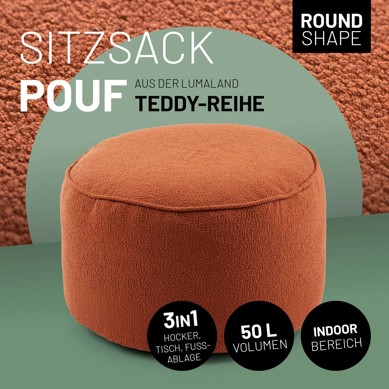 Sitzsack Pouf aus der LUMALAND Teddy-Reihe - Terracotta - Image 3