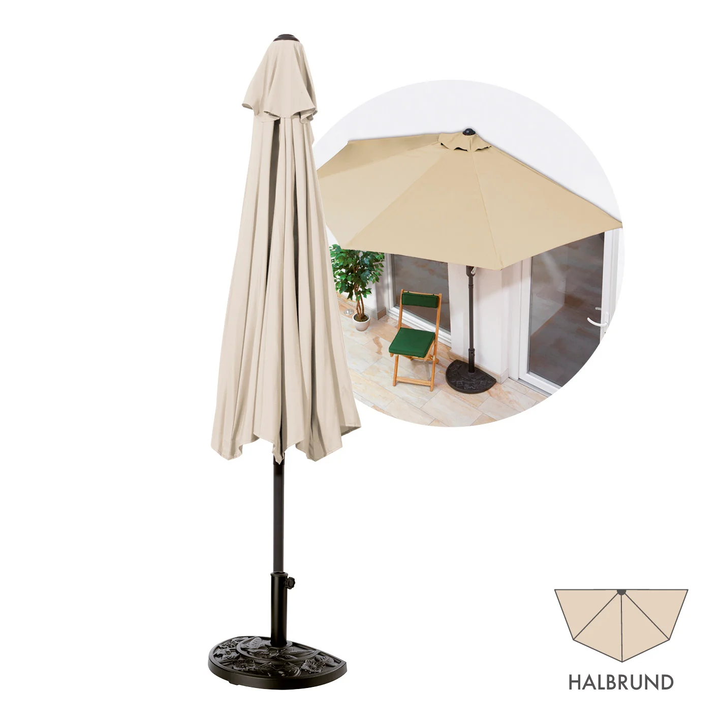 Sonnenschirm mit UV-Schutz mit Sonnenschirmfuß - halbrund 270x140 cm - beige - Image 2