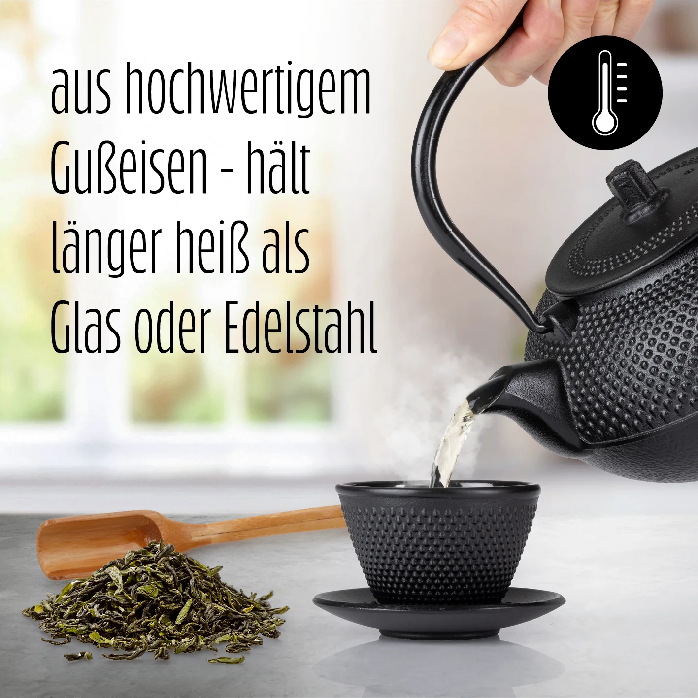 Tee-Set 8-teilig - 1,4 Liter Gusseiserne Teekanne Tetsubin - Stövchen aus Gusseisen - 2 Teebecher & 2 Untersetzer - Schwarz - Image 2