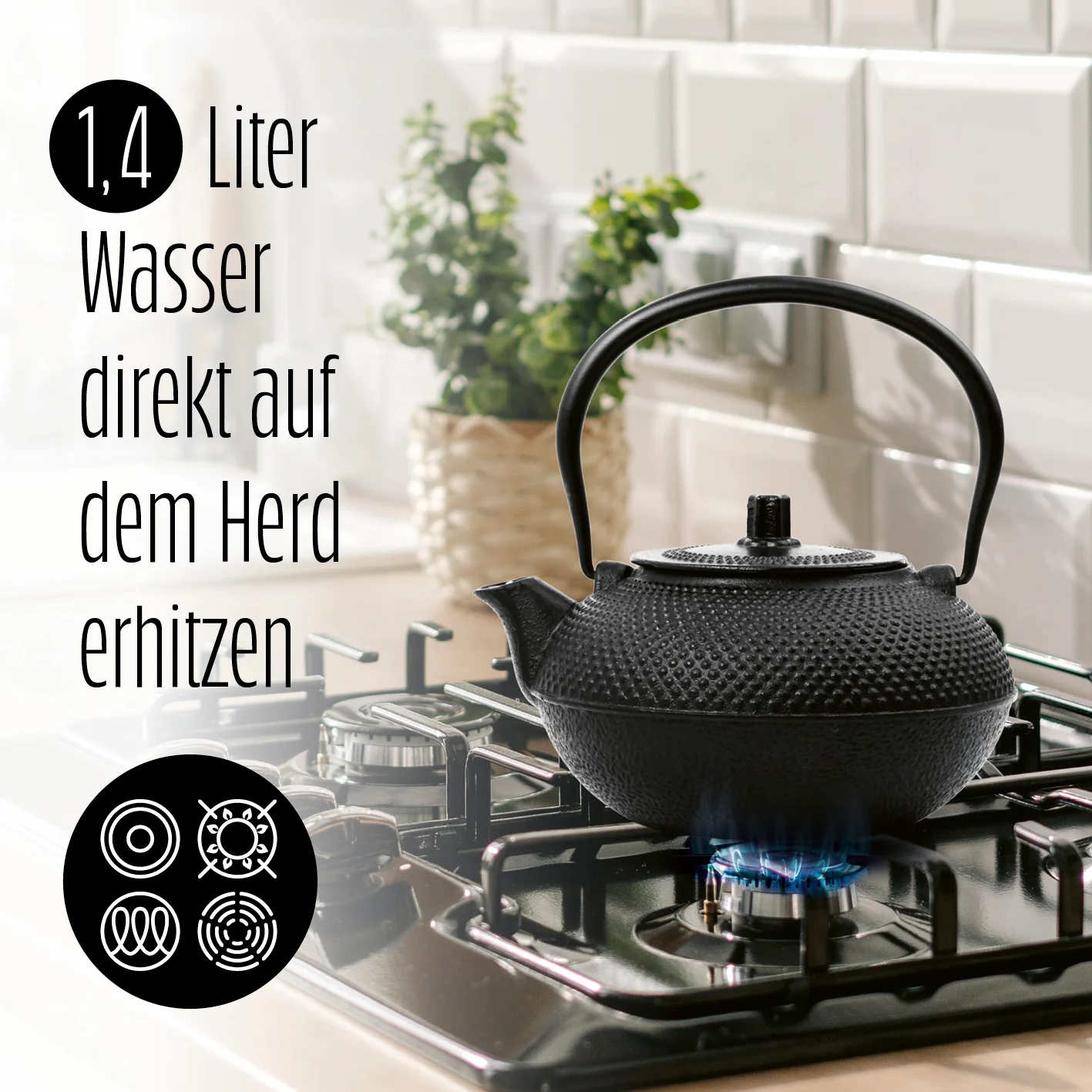Tee-Set 8-teilig - 1,4 Liter Gusseiserne Teekanne Tetsubin - Stövchen aus Gusseisen - 2 Teebecher & 2 Untersetzer - Schwarz - Image 3