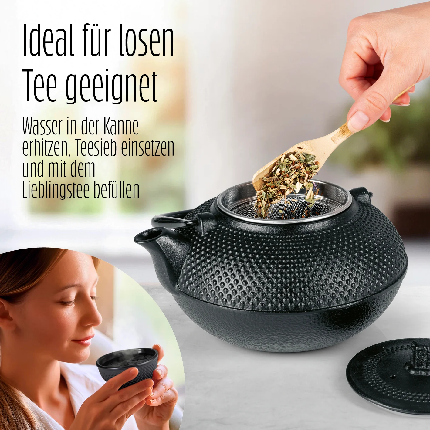 Tee-Set 8-teilig - 1,4 Liter Gusseiserne Teekanne Tetsubin - Stövchen aus Gusseisen - 2 Teebecher & 2 Untersetzer - Schwarz - Image 5