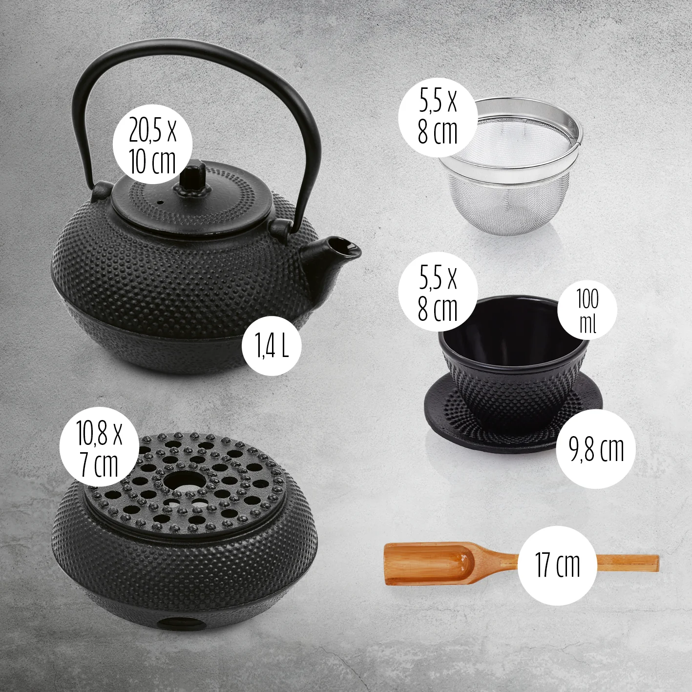 Tee-Set 8-teilig - 1,4 Liter Gusseiserne Teekanne Tetsubin - Stövchen aus Gusseisen - 2 Teebecher & 2 Untersetzer - Schwarz - Image 6