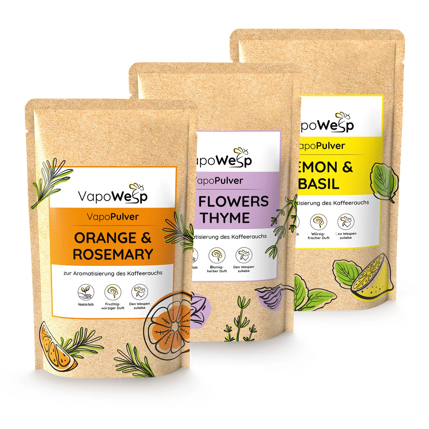 Pulver-Set Orange & Rosemary (100 g) + Lemon Basil (100 g) + Hay Flowers & Thyme (100 g)