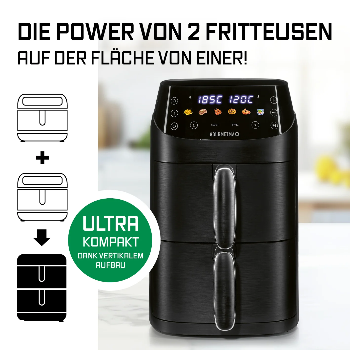 FryUp XS Vertikale Doppelkammer-Heißluftfritteuse - 5 Liter (2 x 2,5 l) - Image 2