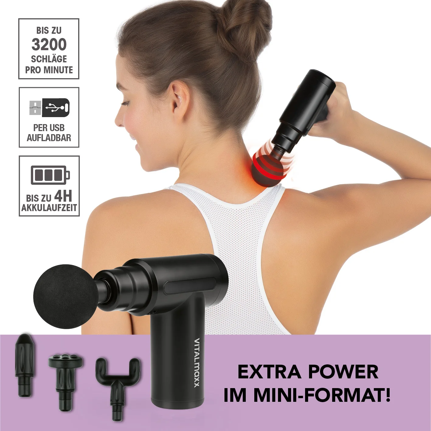 Massage Gun - 4 verschiedene Aufsätze - schwarz - Image 2