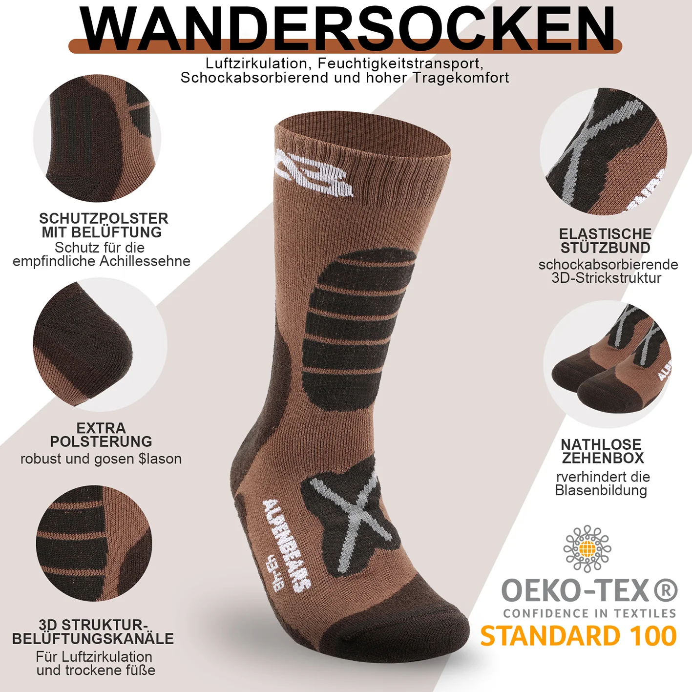Wandersocken Merino Wolle - 2er-Set - Braun - Größe 39-42 - Image 2