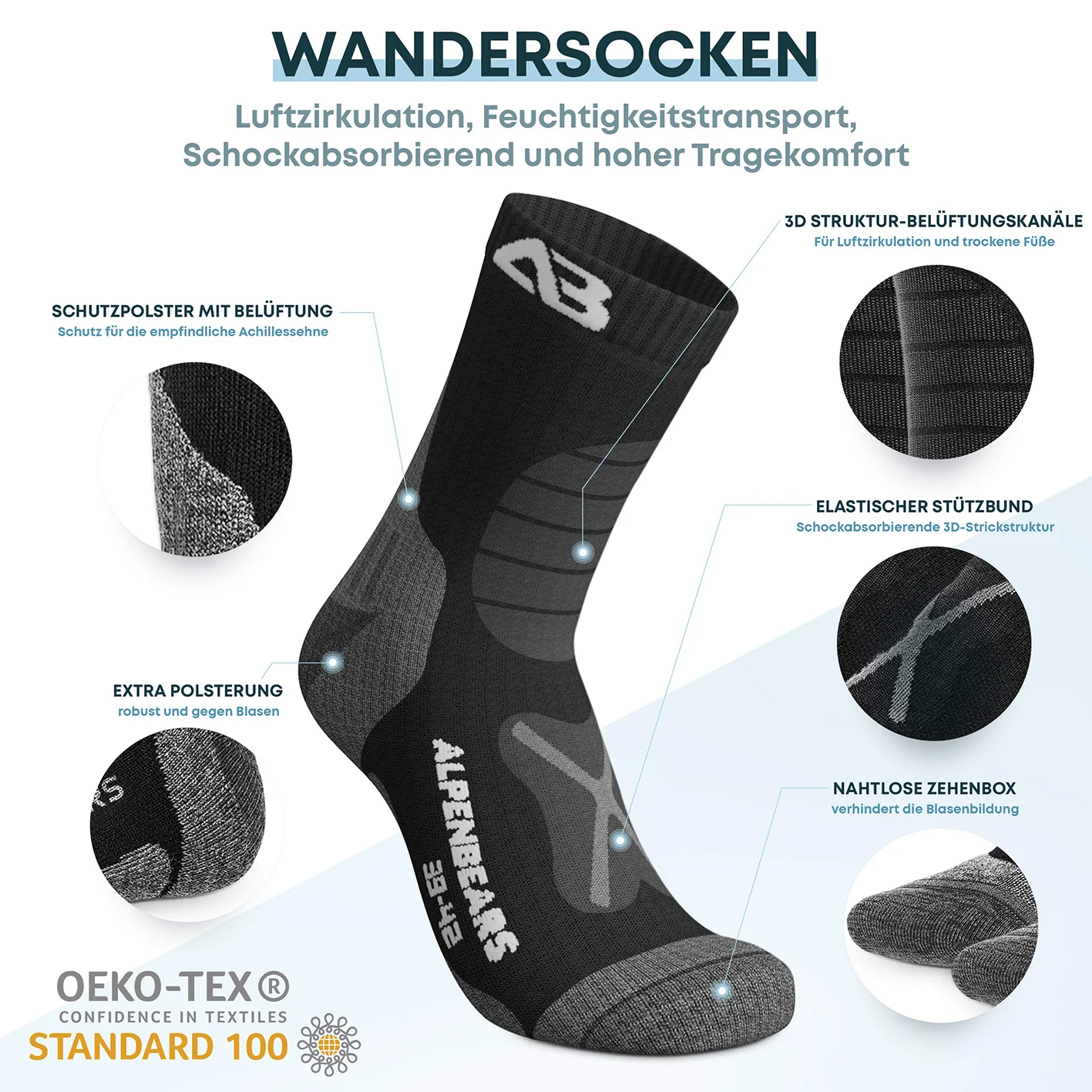 Wandersocken Merinowolle - 2er-Set - Grau-Schwarz - Größe 35-38 - Image 2