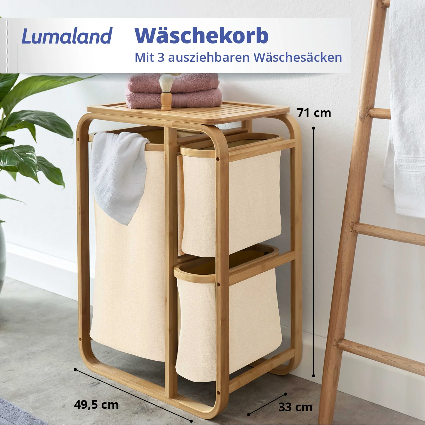 Bambus Wäschekorb - 1 XL Fach + 2 Kompaktfächer - 49,5 x 33 x 71 cm - Beige - Image 2