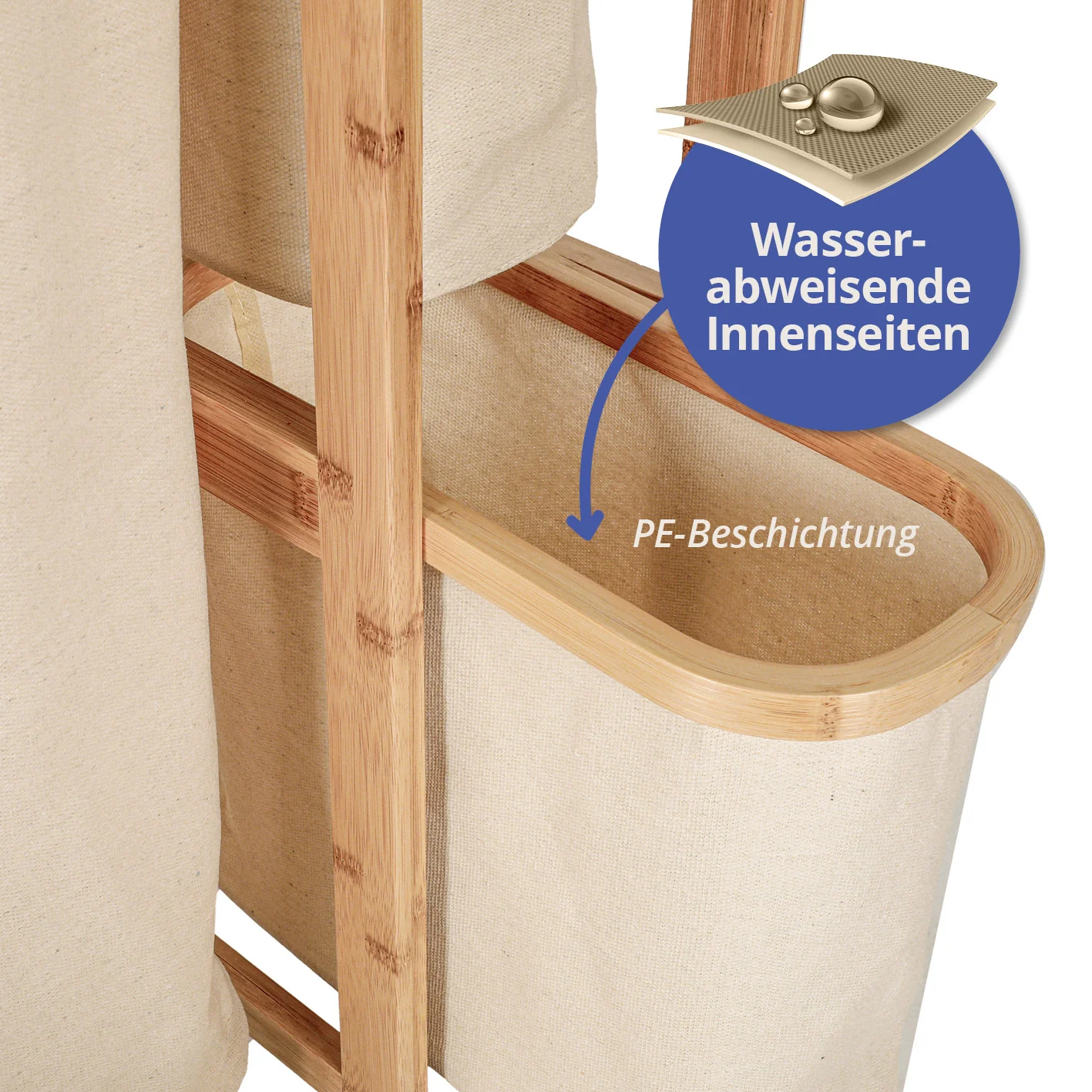 Bambus Wäschekorb - 1 XL Fach + 2 Kompaktfächer - 49,5 x 33 x 71 cm - Beige - Image 3