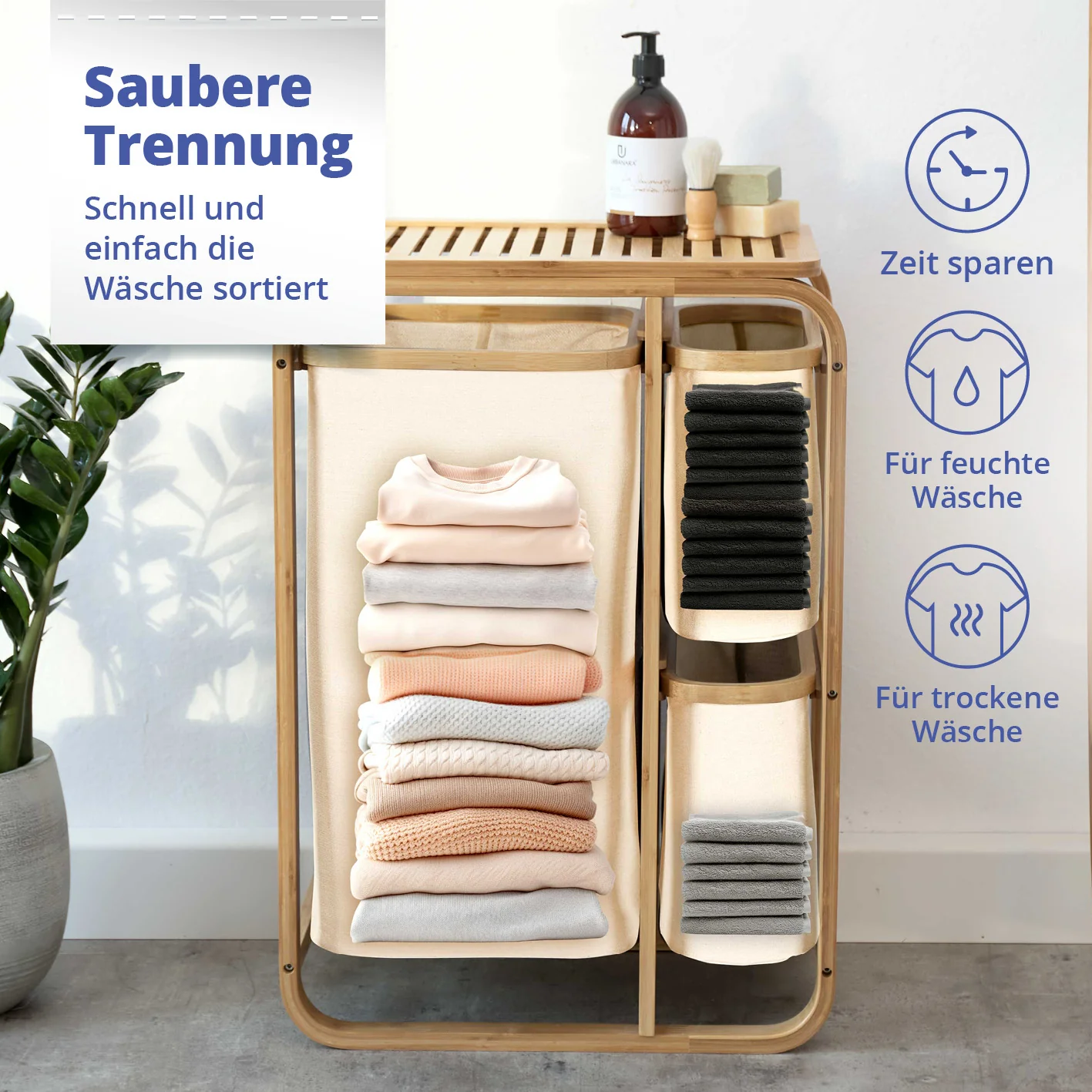 Bambus Wäschekorb - 1 XL Fach + 2 Kompaktfächer - 49,5 x 33 x 71 cm - Beige - Image 4