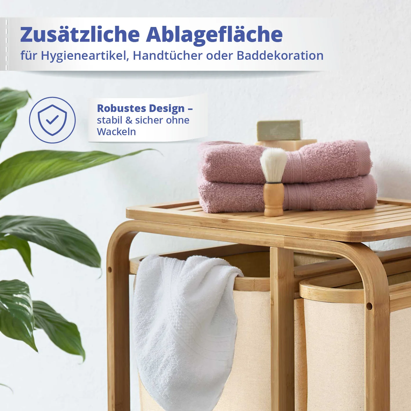 Bambus Wäschekorb - 1 XL Fach + 2 Kompaktfächer - 49,5 x 33 x 71 cm - Beige - Image 6