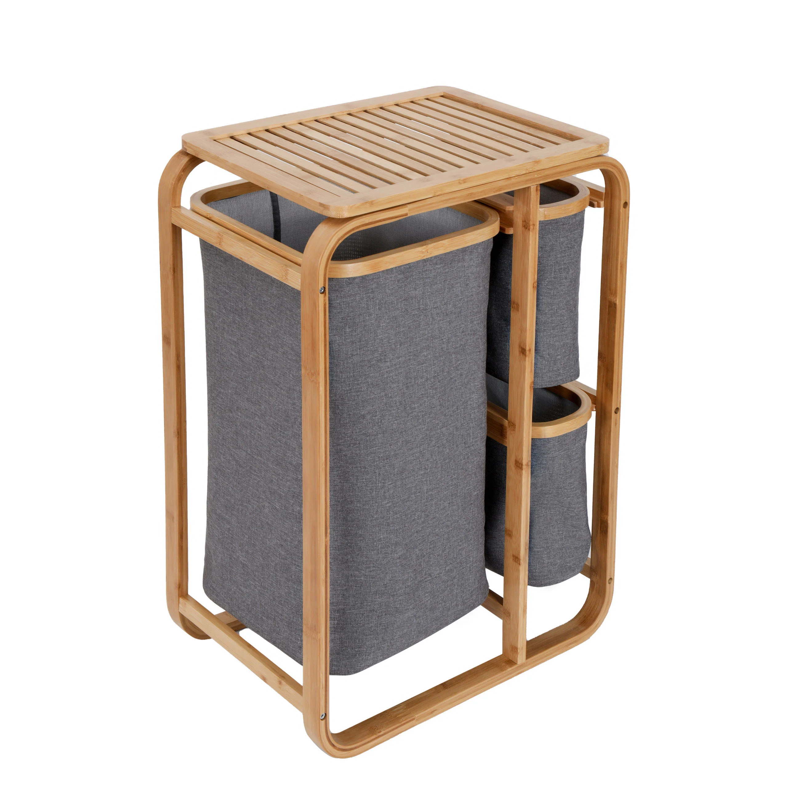 Bambus Wäschekorb - 1 XL Fach + 2 Kompaktfächer - 49,5 x 33 x 71 cm - Grau - Image 9