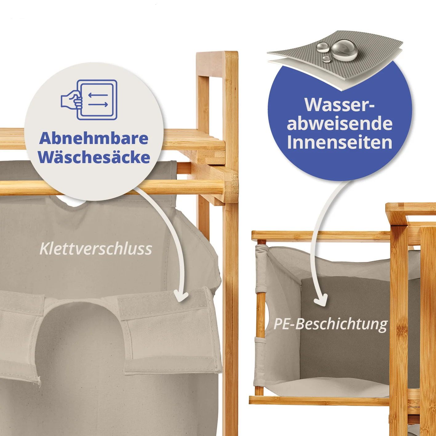 Bambus Wäschekorb mit 2 ausziehbaren Wäschesacken - 73 x 64 x 33 cm - Grau - Image 3