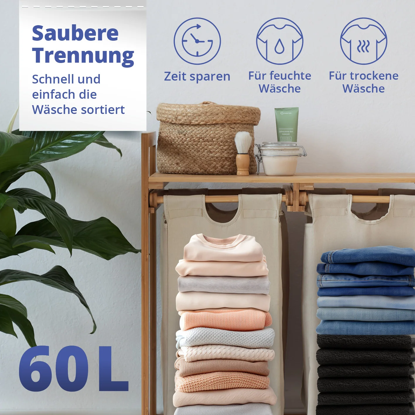 Bambus Wäschekorb mit 2 ausziehbaren Wäschesacken - 73 x 64 x 33 cm - Grau - Image 4